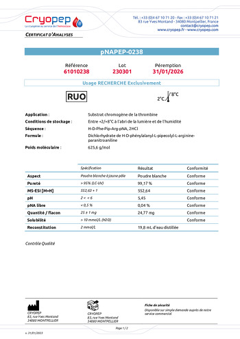 Certificate of analysis pNAPEP-0238 Chromogenic Substrate for Thrombin